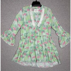 Kenny Flowers Women's Tunic Dress Flowy Green Flamingo Beach Coastal Size Small